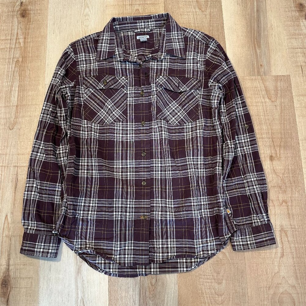 Women's Carhartt Size MEDIUM 8/10 Purple Plaid Button Up Casual Shirt Top